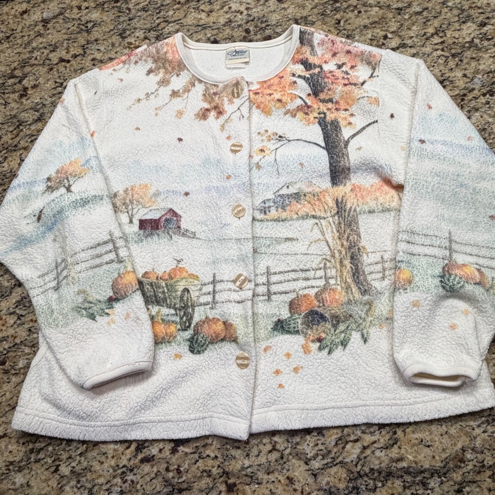 Vintage Artisans Fall Harvest Fleece Cardigan Pumpkins Barn Scenic White XL